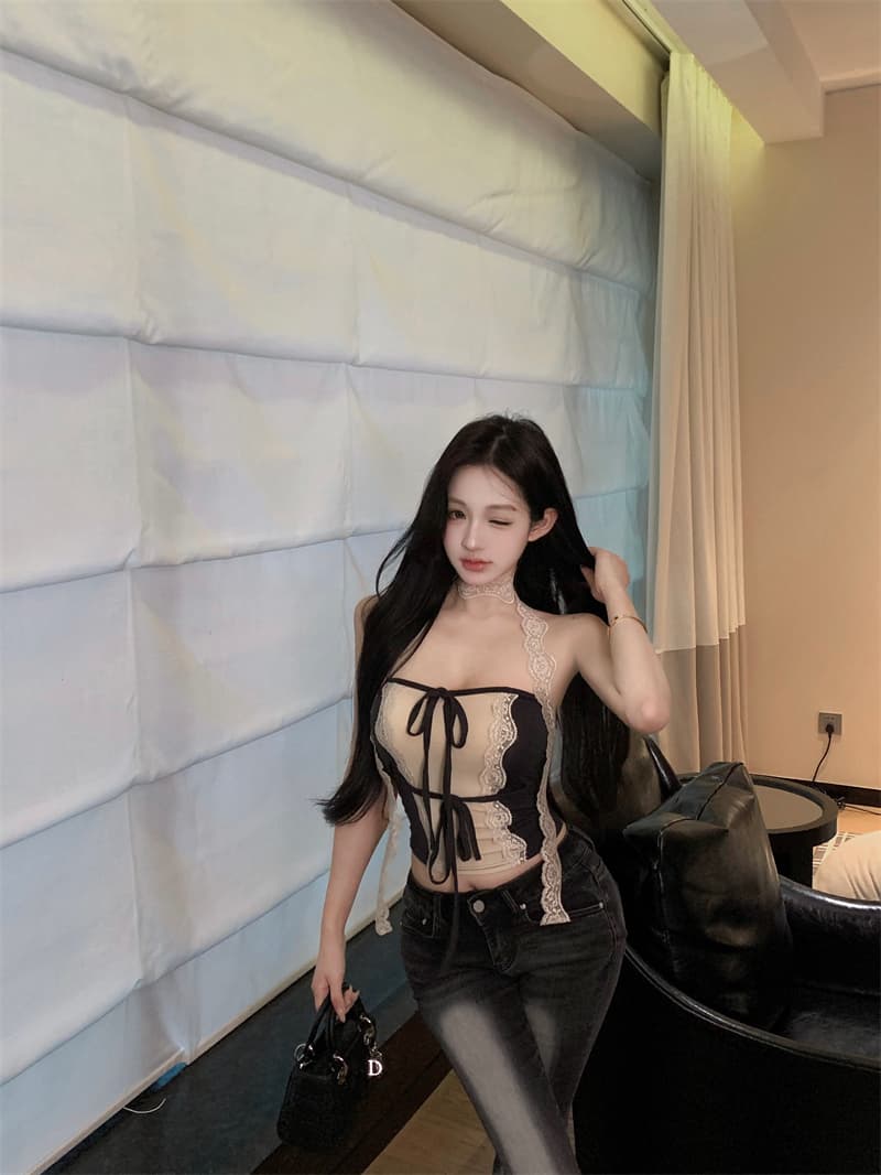실사 정가 섹시함 순수한 욕망 레이스 측면 리본 튜브탑 조끼 여성 셔츠 상세 이미지 11