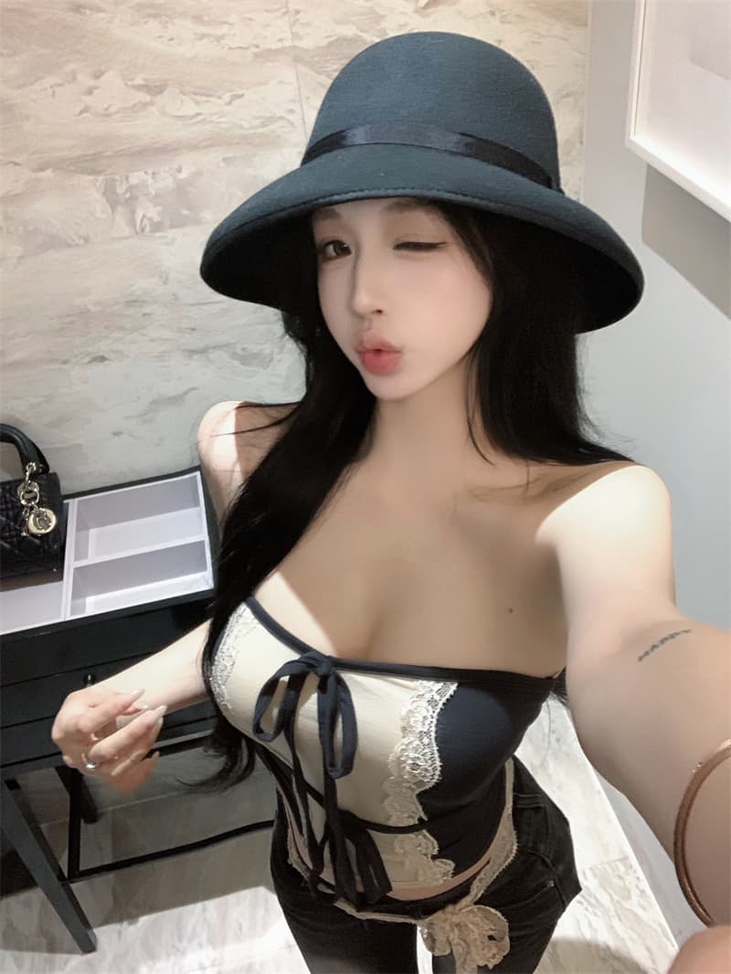 실사 정가 섹시함 순수한 욕망 레이스 측면 리본 튜브탑 조끼 여성 셔츠 상세 이미지 19