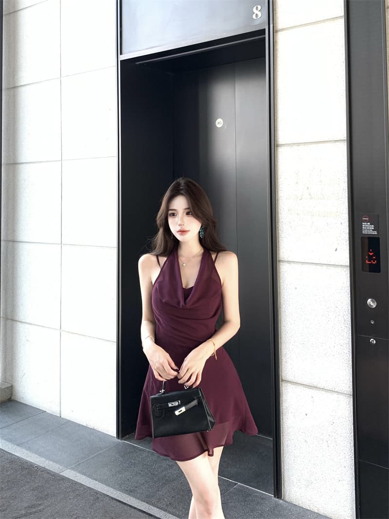 실사 정가 검은 건포도 보라색 순수한 욕망 품격 chao 디스플레이 화이트 행침 목 기타 착용 쉬폰 슬립 드레스 여름 이미지 2