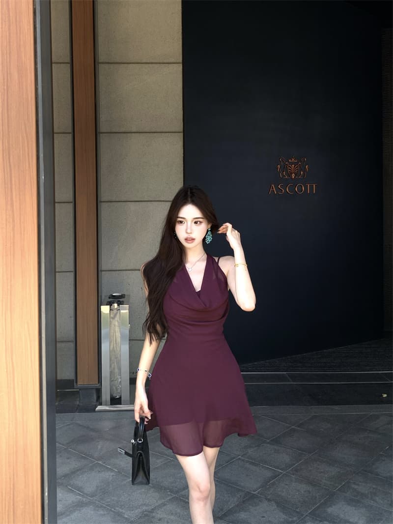 실사 정가 검은 건포도 보라색 순수한 욕망 품격 chao 디스플레이 화이트 행침 목 기타 착용 쉬폰 슬립 드레스 여름 상세 이미지 2