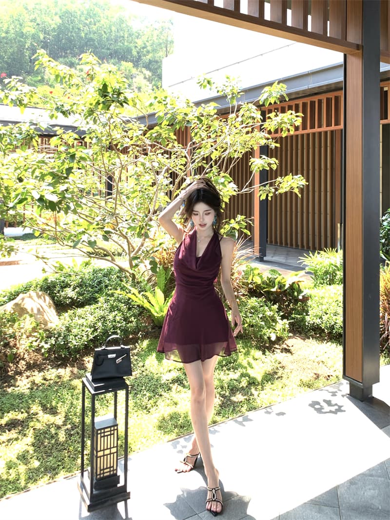 실사 정가 검은 건포도 보라색 순수한 욕망 품격 chao 디스플레이 화이트 행침 목 기타 착용 쉬폰 슬립 드레스 여름 상세 이미지 11
