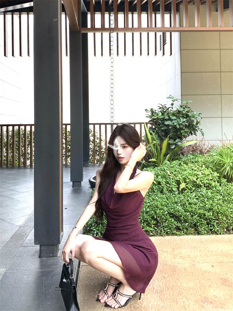 실사 정가 검은 건포도 보라색 순수한 욕망 품격 chao 디스플레이 화이트 행침 목 기타 착용 쉬폰 슬립 드레스 여름 상세 이미지 12