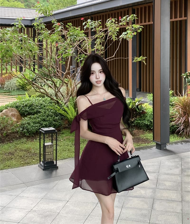 실사 정가 검은 건포도 보라색 순수한 욕망 품격 chao 디스플레이 화이트 행침 목 기타 착용 쉬폰 슬립 드레스 여름 상세 이미지 16