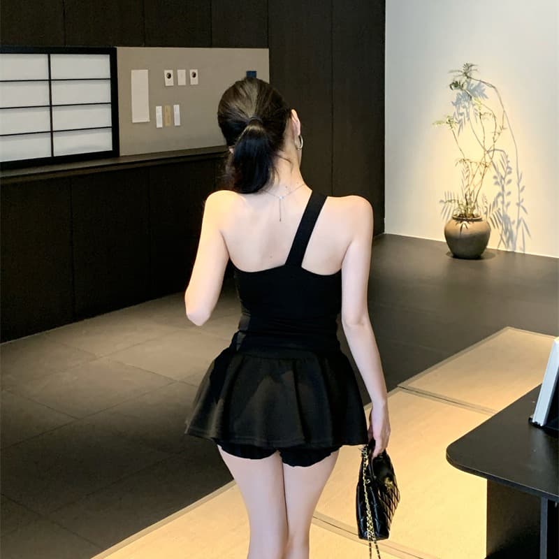 실사 정가 달콤한 차가운 바람 핫걸 소녀 품격 비스듬한 어깨 지퍼 맨위 티셔츠 여성 벨트 가슴 패드 이미지 5