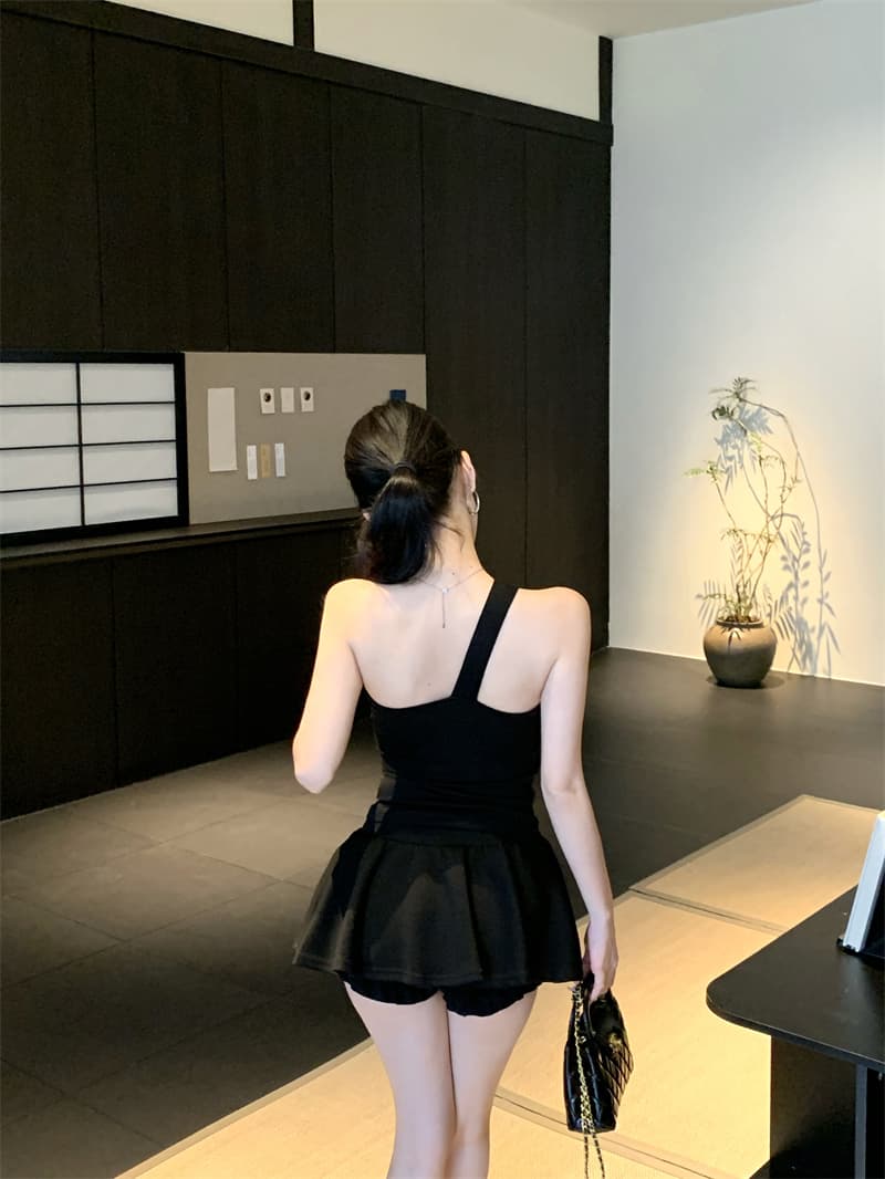 실사 정가 달콤한 차가운 바람 핫걸 소녀 품격 비스듬한 어깨 지퍼 맨위 티셔츠 여성 벨트 가슴 패드 상세 이미지 6