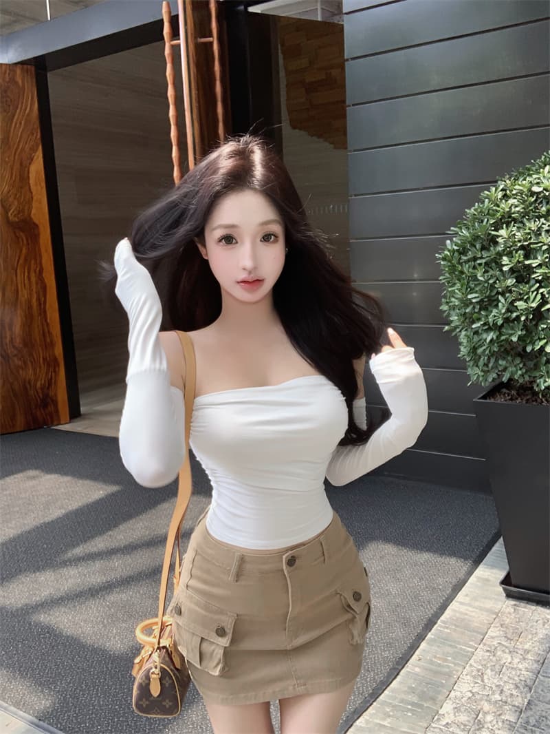 실사 정가 클래식 다용도 핫걸 몸매 가꾸기 쇼트 스타일 오프숄더 티셔츠 디스플레이 얇고 작은 맨위 상세 이미지 8