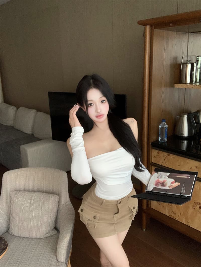 실사 정가 클래식 다용도 핫걸 몸매 가꾸기 쇼트 스타일 오프숄더 티셔츠 디스플레이 얇고 작은 맨위 상세 이미지 14