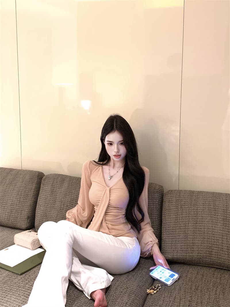 실사 정가 부드러운 순수한 욕망 분위기 센스 몸매 가꾸기 주름 V넥 신축성 긴팔 티셔츠 맨위 상세 이미지 12