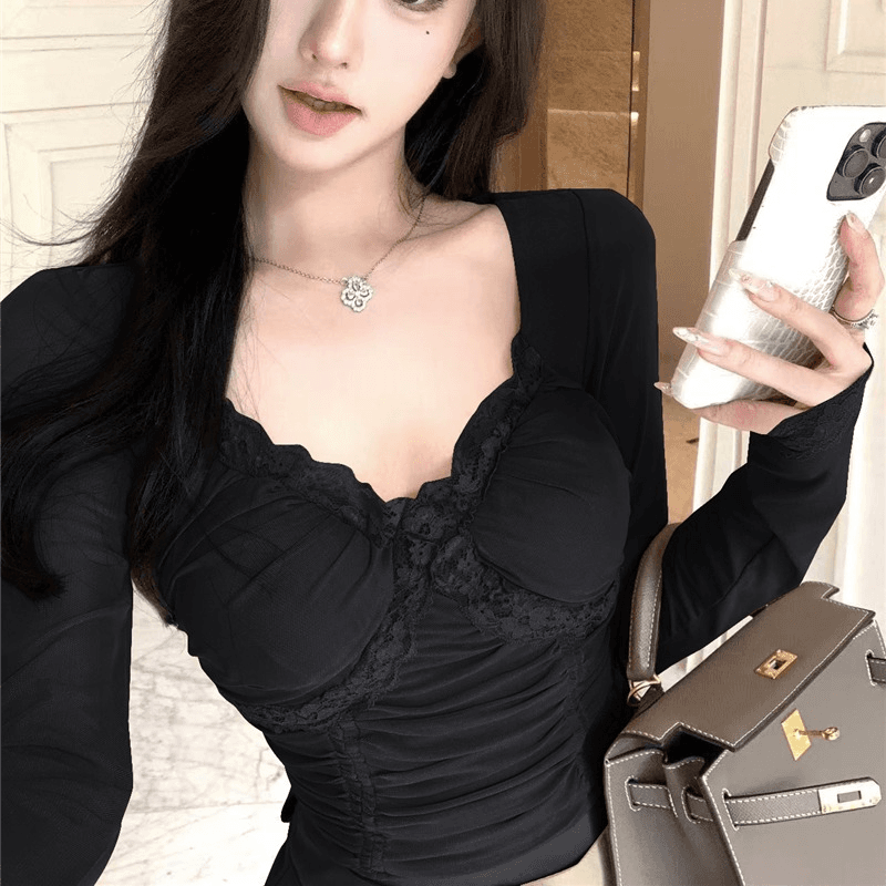 실사 정가 달콤한 부서 소녀 욕망 센스 벨트 가슴 패드 디스플레이 가슴 레이스 긴팔 티셔츠 인사이드 잡아라. 의류 이미지 3