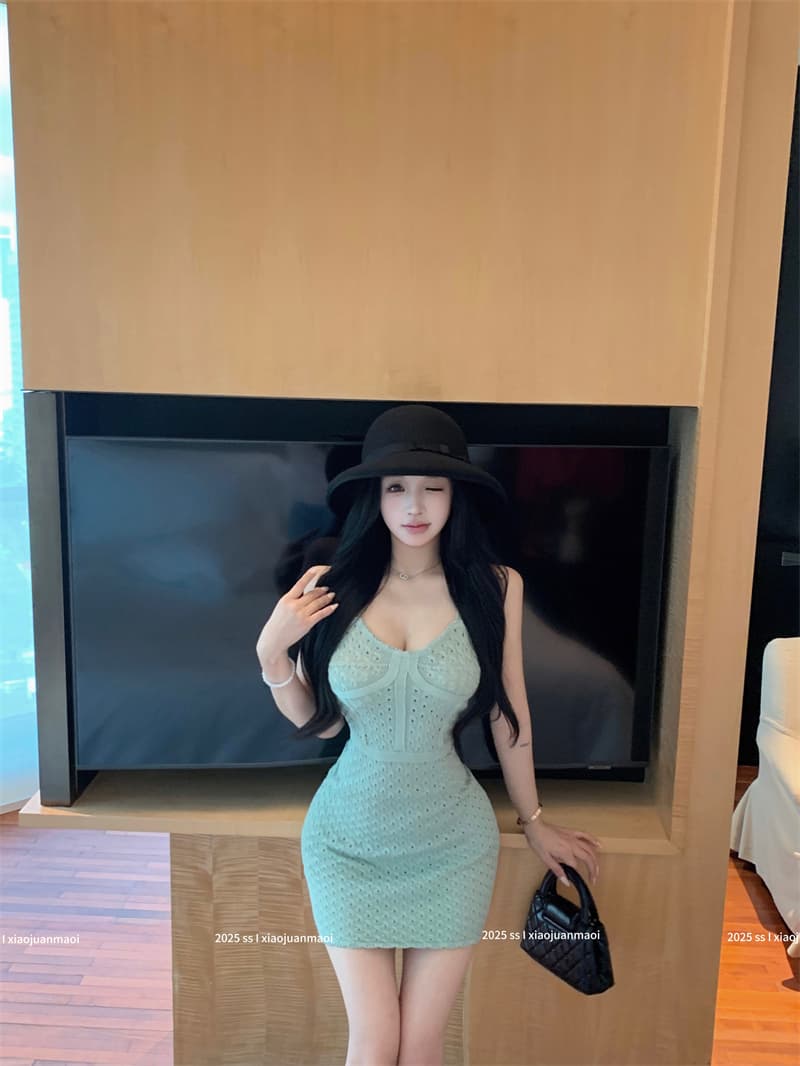 실사 정가 섹시함 홀로우 아웃 자수 디자인 짜임 니트 슬립 드레스 천 골드 센스 몸매 가꾸기 슬림해 보이는 드레스 상세 이미지 11