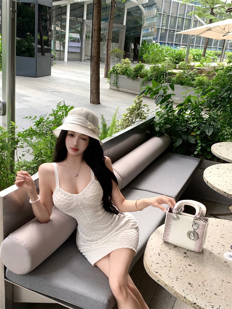 실사 정가 섹시함 홀로우 아웃 자수 디자인 짜임 니트 슬립 드레스 천 골드 센스 몸매 가꾸기 슬림해 보이는 드레스 상세 이미지 25