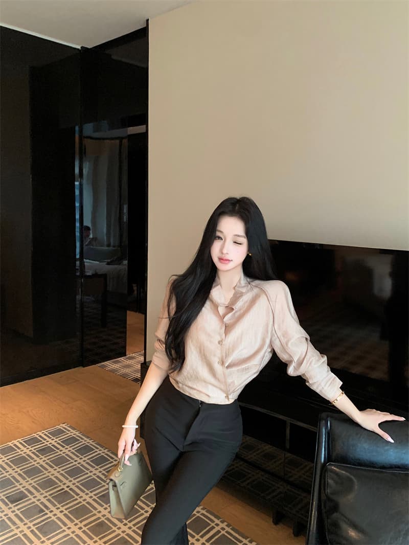 실사 정가 작은 대중 디자인 센스 한 부서 긴팔 셔츠 맨위 여성 가을 상세 이미지 29