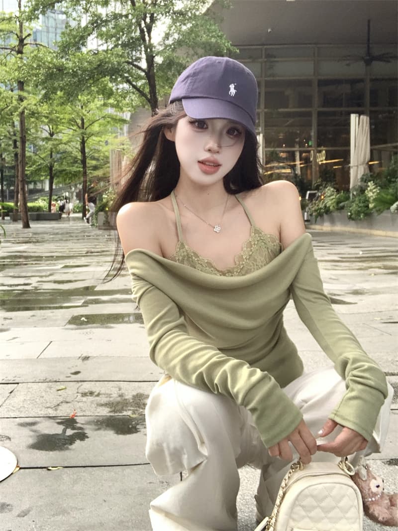 실사 정가 페이크 레이어드 비스듬한 어깨 흔들다 칼라 긴팔 티셔츠 여성 레이스 행침 목 기본 셔츠 맨위 이미지 2
