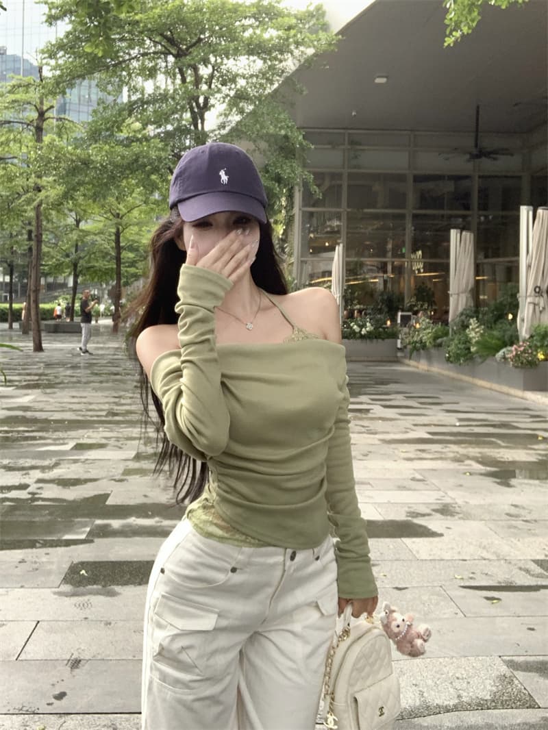실사 정가 페이크 레이어드 비스듬한 어깨 흔들다 칼라 긴팔 티셔츠 여성 레이스 행침 목 기본 셔츠 맨위 상세 이미지 3