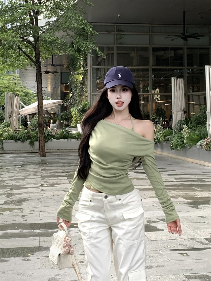 실사 정가 페이크 레이어드 비스듬한 어깨 흔들다 칼라 긴팔 티셔츠 여성 레이스 행침 목 기본 셔츠 맨위 상세 이미지 4
