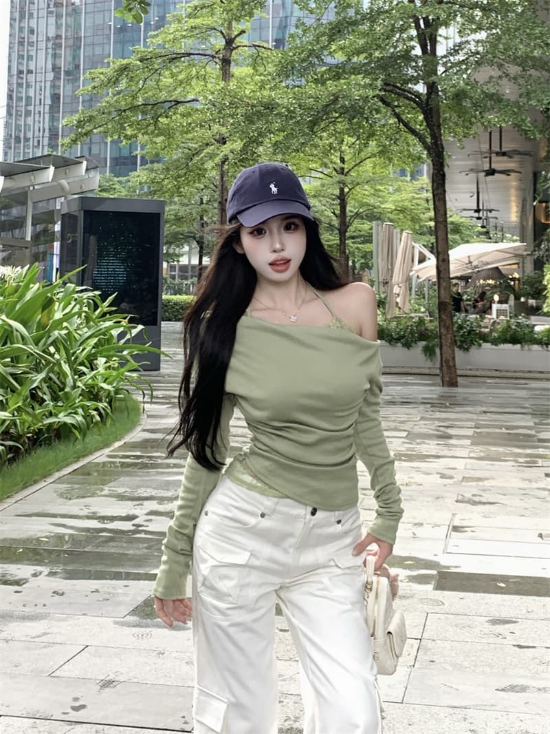 실사 정가 페이크 레이어드 비스듬한 어깨 흔들다 칼라 긴팔 티셔츠 여성 레이스 행침 목 기본 셔츠 맨위 상세 이미지 5