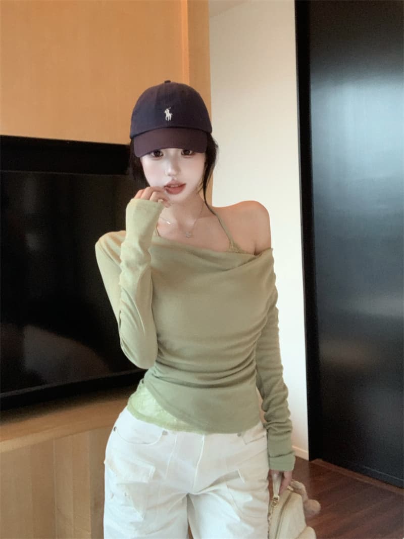 실사 정가 페이크 레이어드 비스듬한 어깨 흔들다 칼라 긴팔 티셔츠 여성 레이스 행침 목 기본 셔츠 맨위 상세 이미지 6