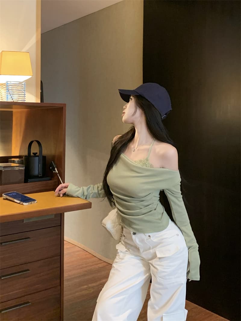 실사 정가 페이크 레이어드 비스듬한 어깨 흔들다 칼라 긴팔 티셔츠 여성 레이스 행침 목 기본 셔츠 맨위 상세 이미지 8