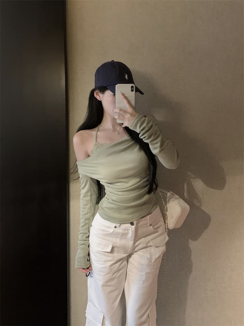 실사 정가 페이크 레이어드 비스듬한 어깨 흔들다 칼라 긴팔 티셔츠 여성 레이스 행침 목 기본 셔츠 맨위 상세 이미지 9