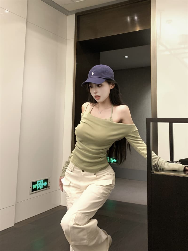실사 정가 페이크 레이어드 비스듬한 어깨 흔들다 칼라 긴팔 티셔츠 여성 레이스 행침 목 기본 셔츠 맨위 상세 이미지 10