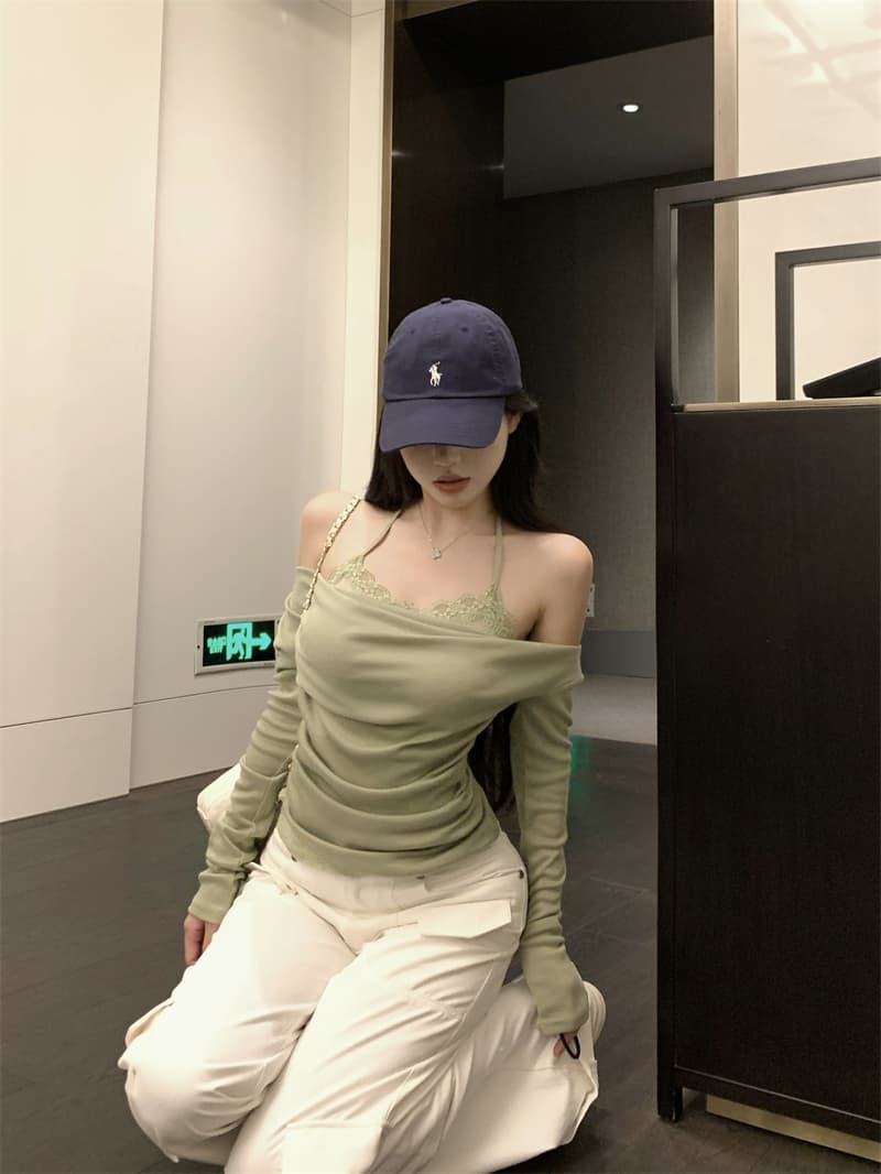 실사 정가 페이크 레이어드 비스듬한 어깨 흔들다 칼라 긴팔 티셔츠 여성 레이스 행침 목 기본 셔츠 맨위 상세 이미지 11