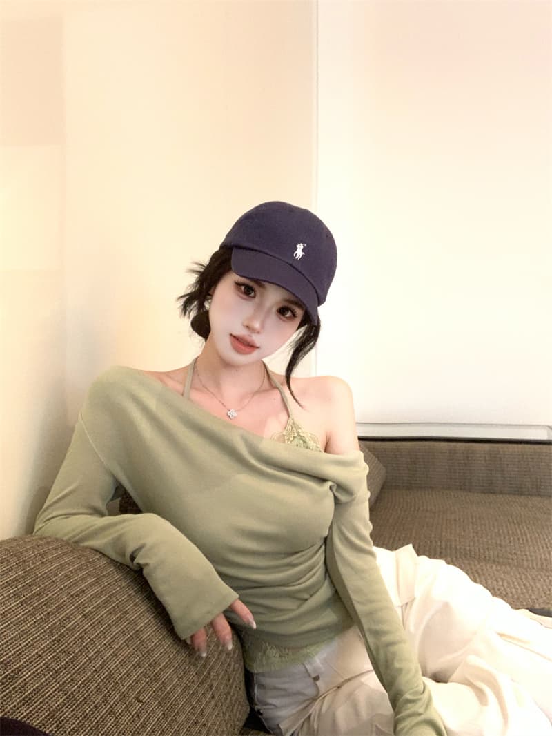 실사 정가 페이크 레이어드 비스듬한 어깨 흔들다 칼라 긴팔 티셔츠 여성 레이스 행침 목 기본 셔츠 맨위 상세 이미지 12