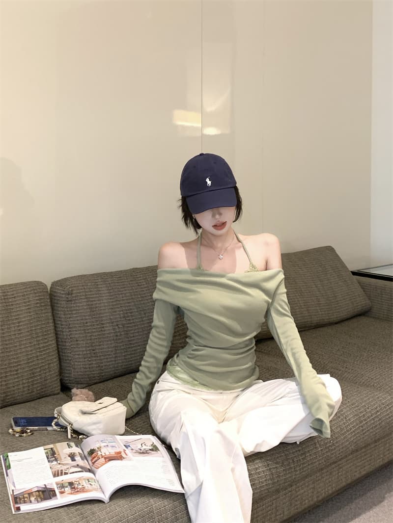 실사 정가 페이크 레이어드 비스듬한 어깨 흔들다 칼라 긴팔 티셔츠 여성 레이스 행침 목 기본 셔츠 맨위 상세 이미지 14