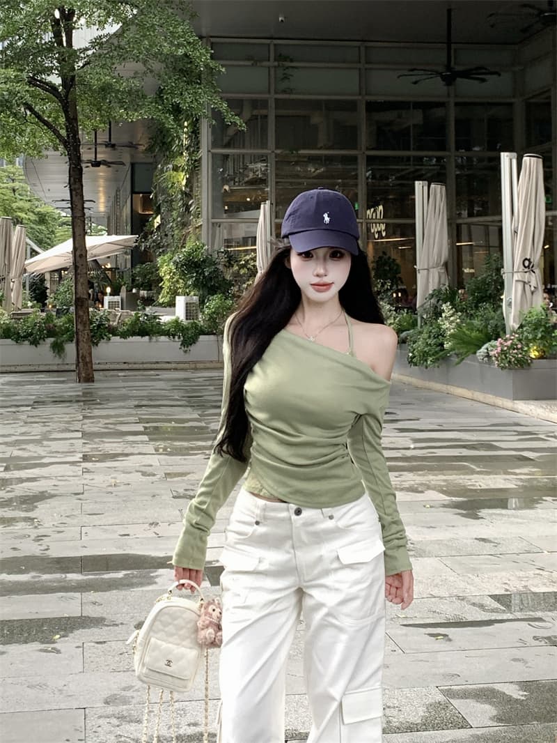 실사 정가 페이크 레이어드 비스듬한 어깨 흔들다 칼라 긴팔 티셔츠 여성 레이스 행침 목 기본 셔츠 맨위 상세 이미지 16