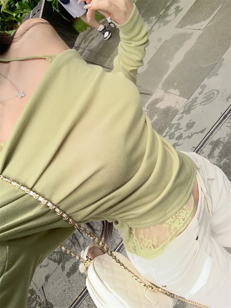 실사 정가 페이크 레이어드 비스듬한 어깨 흔들다 칼라 긴팔 티셔츠 여성 레이스 행침 목 기본 셔츠 맨위 상세 이미지 17