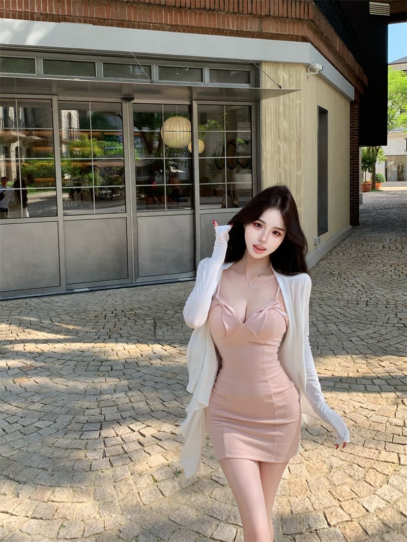 실사 정가 슬립 타이트 스커트 짧은 치마 가슴 패드 드레스 불규칙 밑단 니트 오픈 가디건 세트 상세 이미지 2