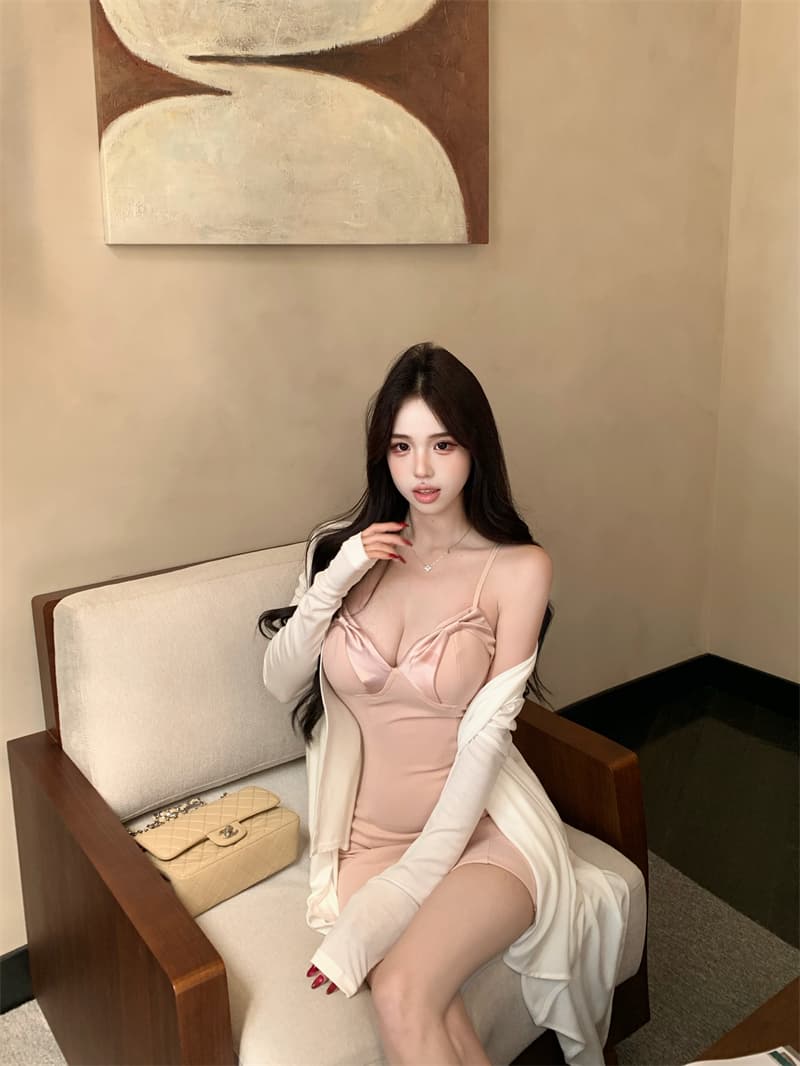 실사 정가 슬립 타이트 스커트 짧은 치마 가슴 패드 드레스 불규칙 밑단 니트 오픈 가디건 세트 상세 이미지 12