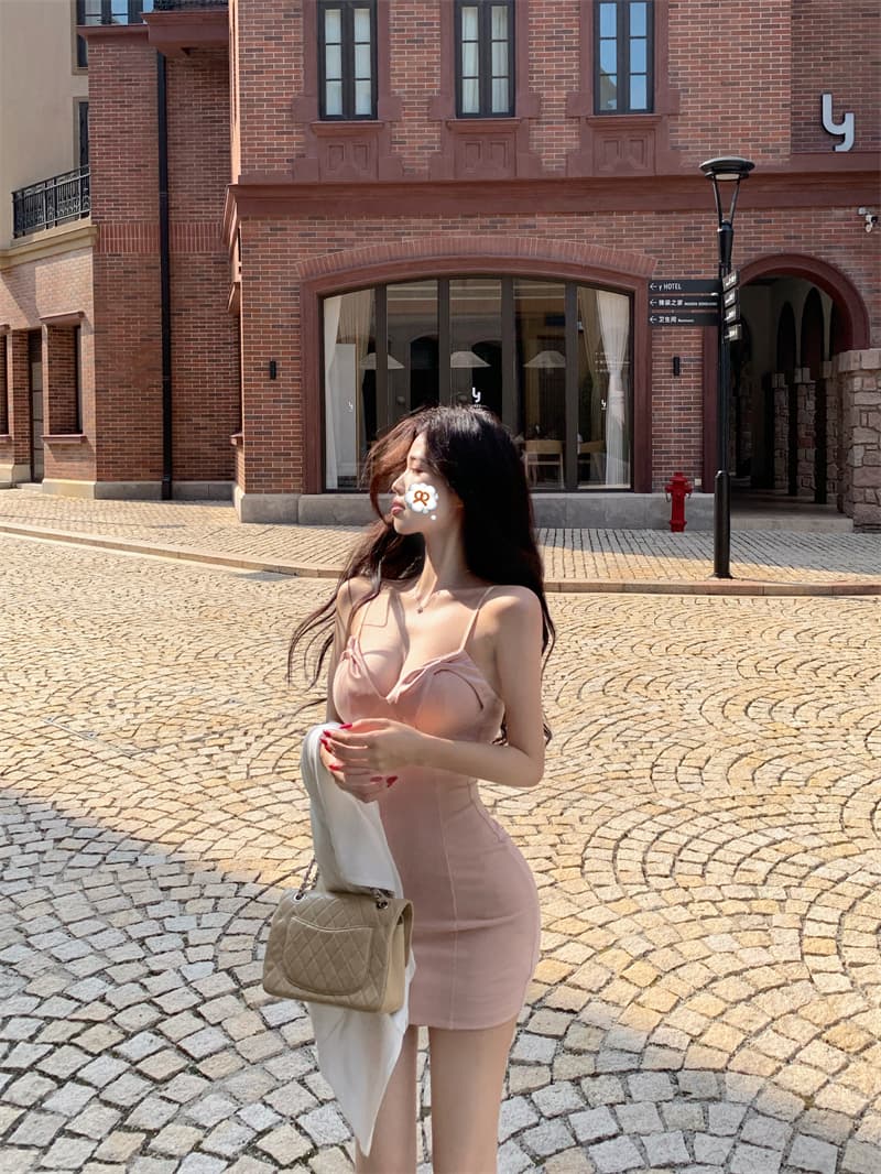 실사 정가 슬립 타이트 스커트 짧은 치마 가슴 패드 드레스 불규칙 밑단 니트 오픈 가디건 세트 상세 이미지 13