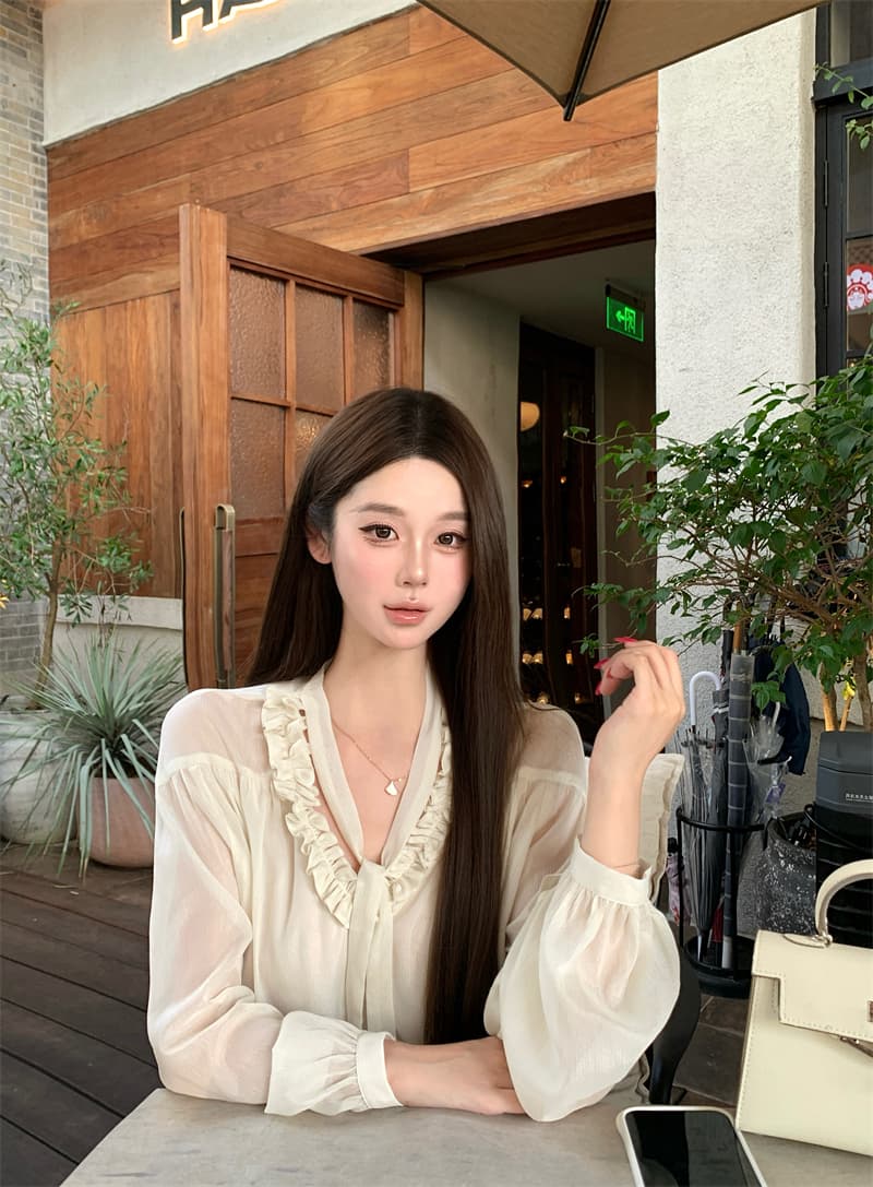 실사 정가 프릴 V넥 리본 셔츠 루즈핏 긴팔 인사이드 잡아라. 의류 셔츠 여성 가을 이미지 2