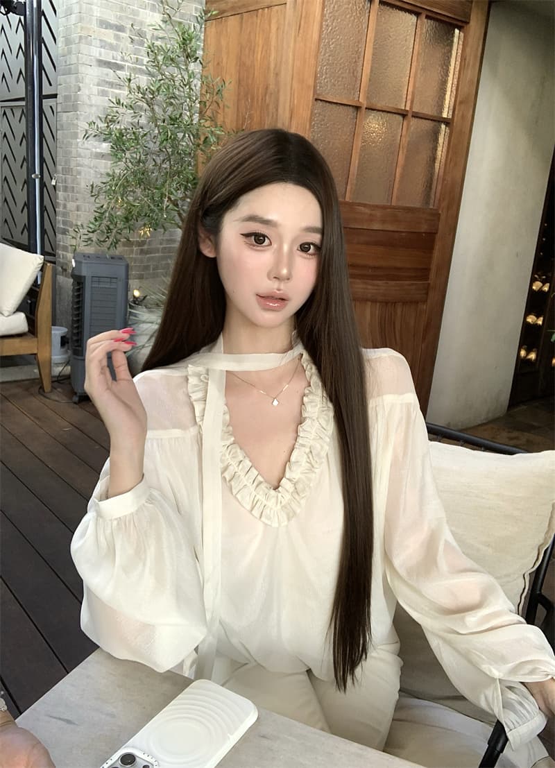 실사 정가 프릴 V넥 리본 셔츠 루즈핏 긴팔 인사이드 잡아라. 의류 셔츠 여성 가을 상세 이미지 2