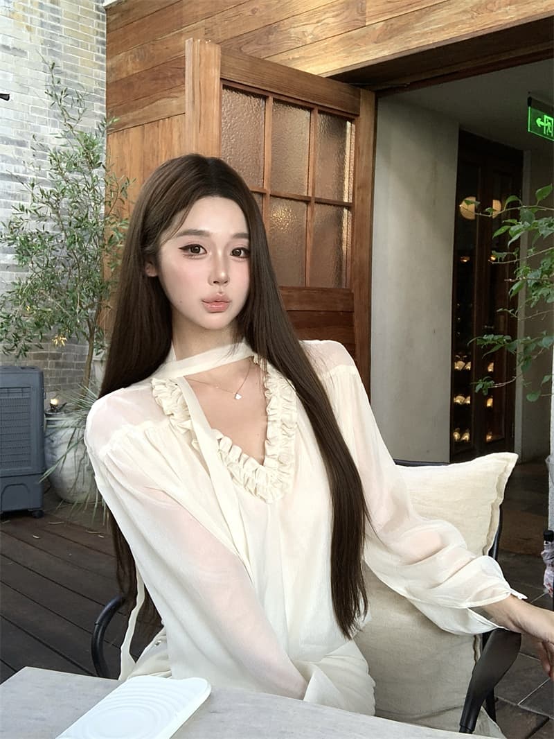 실사 정가 프릴 V넥 리본 셔츠 루즈핏 긴팔 인사이드 잡아라. 의류 셔츠 여성 가을 상세 이미지 4