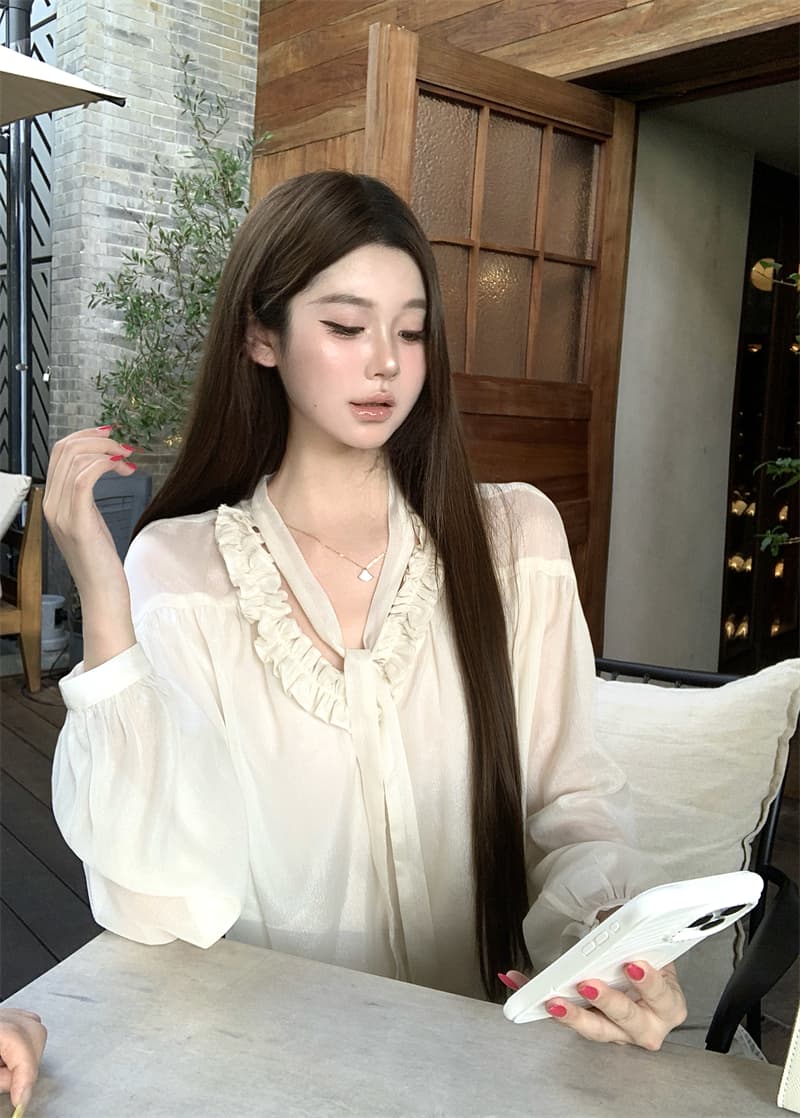 실사 정가 프릴 V넥 리본 셔츠 루즈핏 긴팔 인사이드 잡아라. 의류 셔츠 여성 가을 상세 이미지 7