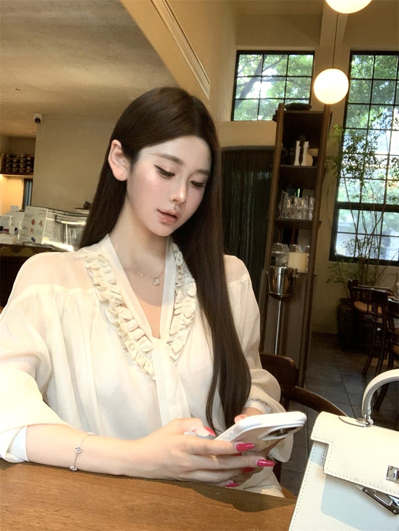 실사 정가 프릴 V넥 리본 셔츠 루즈핏 긴팔 인사이드 잡아라. 의류 셔츠 여성 가을 상세 이미지 10