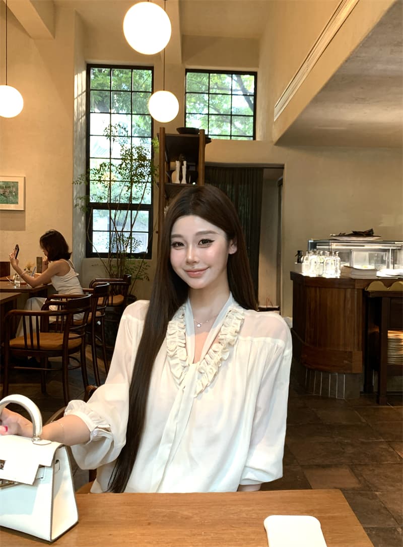 실사 정가 프릴 V넥 리본 셔츠 루즈핏 긴팔 인사이드 잡아라. 의류 셔츠 여성 가을 상세 이미지 11