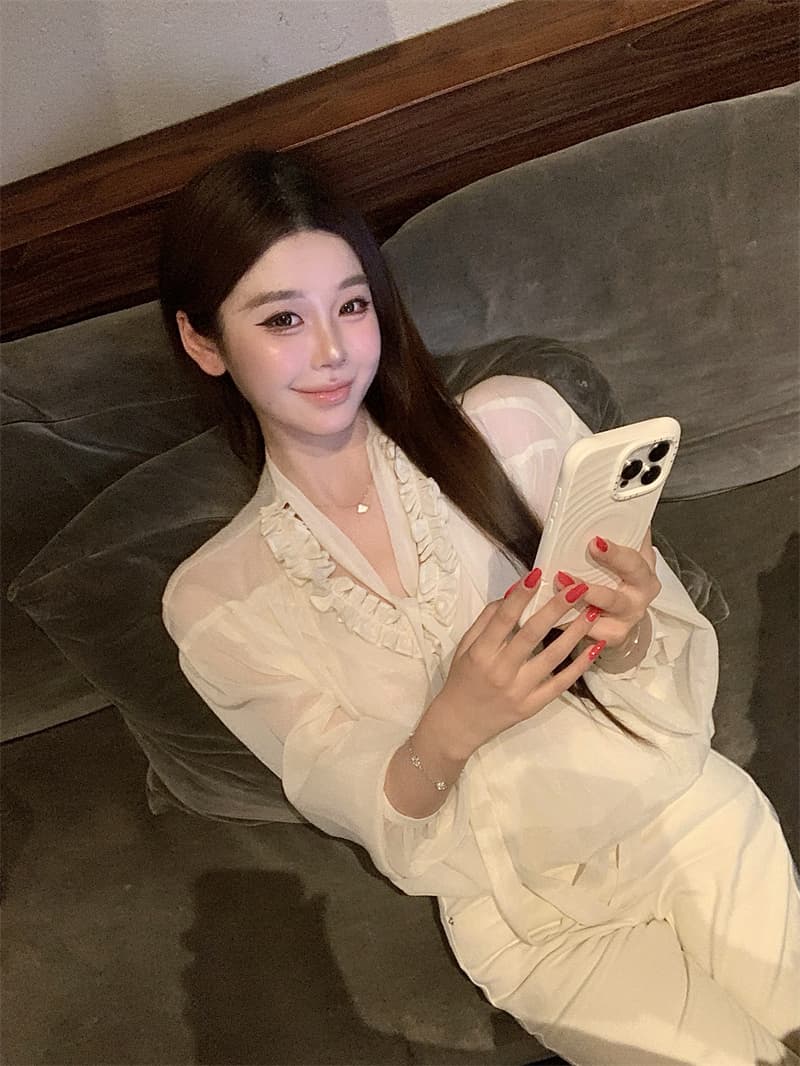 실사 정가 프릴 V넥 리본 셔츠 루즈핏 긴팔 인사이드 잡아라. 의류 셔츠 여성 가을 상세 이미지 12
