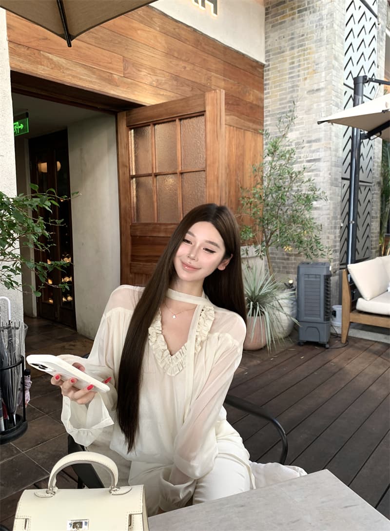 실사 정가 프릴 V넥 리본 셔츠 루즈핏 긴팔 인사이드 잡아라. 의류 셔츠 여성 가을 상세 이미지 14