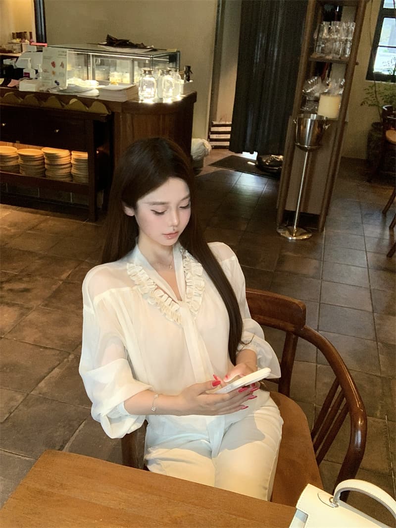 실사 정가 프릴 V넥 리본 셔츠 루즈핏 긴팔 인사이드 잡아라. 의류 셔츠 여성 가을 상세 이미지 16