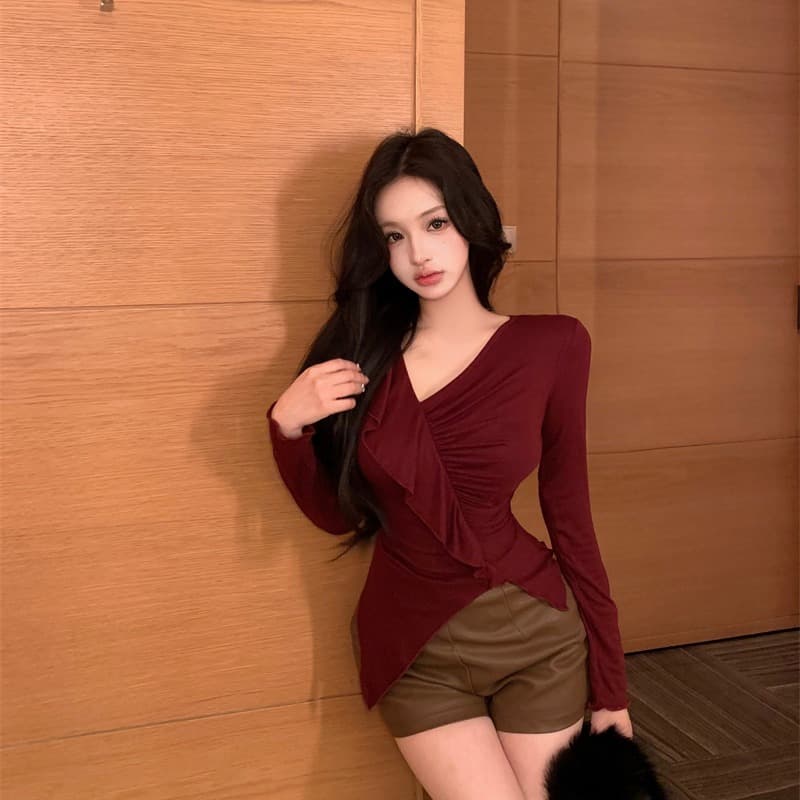 실사 정가 V넥 프릴 비스듬한 칼라 티셔츠 패션 작은 대중 주름 광장 칼라 슬림해 보이는 품격 만나는 섹시함 이미지 5