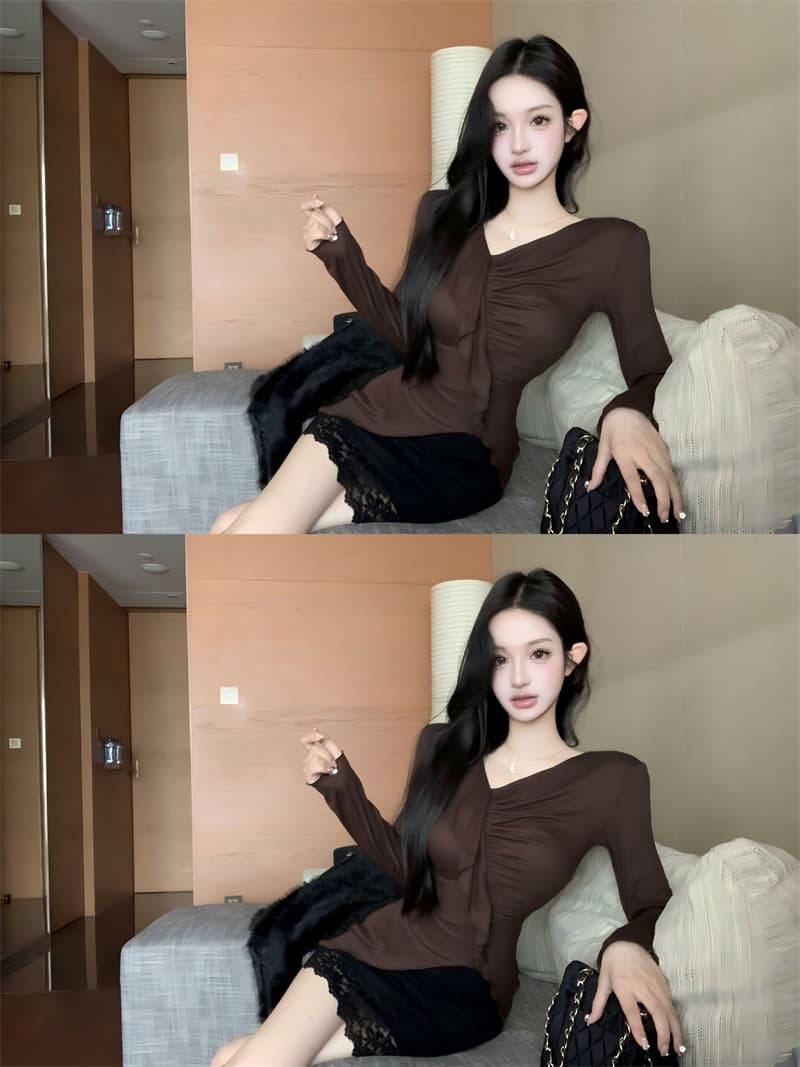 실사 정가 V넥 프릴 비스듬한 칼라 티셔츠 패션 작은 대중 주름 광장 칼라 슬림해 보이는 품격 만나는 섹시함 상세 이미지 5