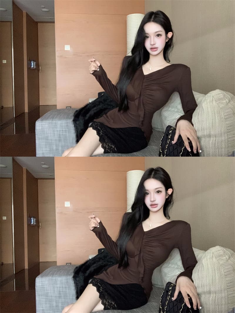 실사 정가 V넥 프릴 비스듬한 칼라 티셔츠 패션 작은 대중 주름 광장 칼라 슬림해 보이는 품격 만나는 섹시함 상세 이미지 14