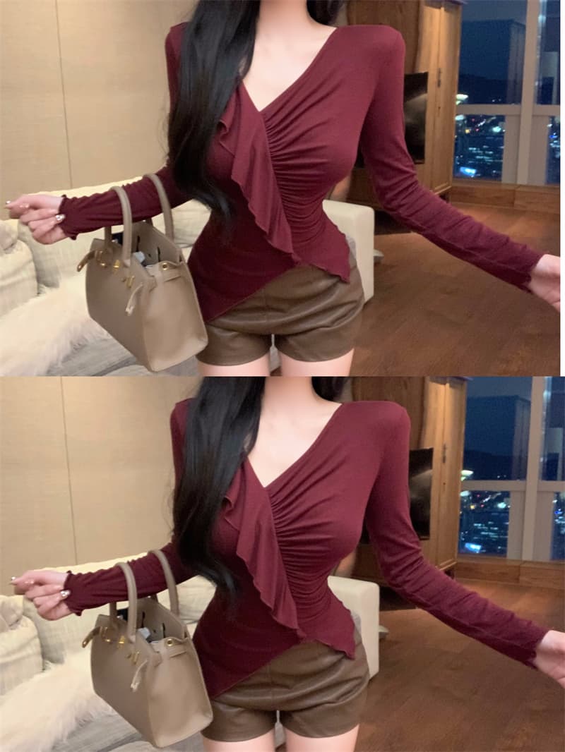 실사 정가 V넥 프릴 비스듬한 칼라 티셔츠 패션 작은 대중 주름 광장 칼라 슬림해 보이는 품격 만나는 섹시함 상세 이미지 28