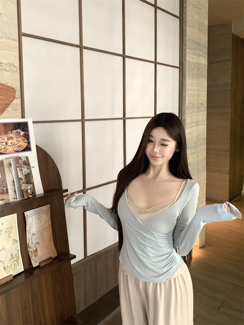 실사 정가 순수한 욕망 곰 진짜 두 조각 레이스 주름 조끼 스트레이트 루즈핏 니트 긴 바지 세트 상세 이미지 9