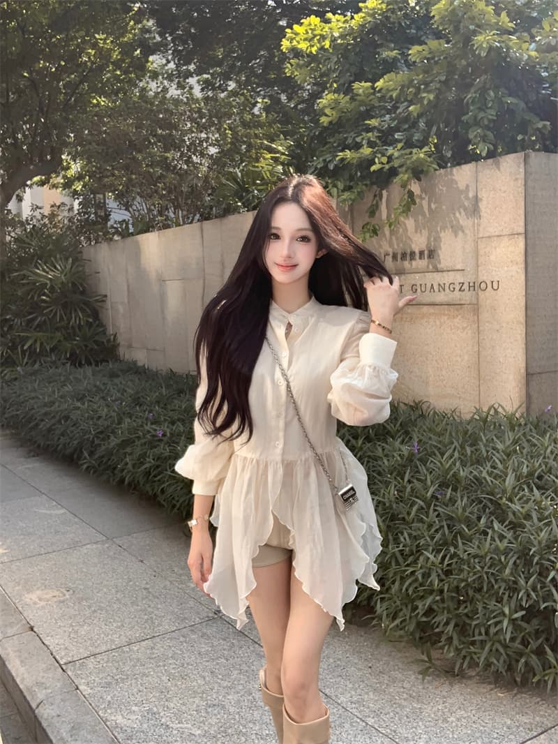 실사 정가 요정 가스 우아한 마이크로 시스루 어렴풋이 나타나면 불규칙 밑단 셔츠 상세 이미지 2