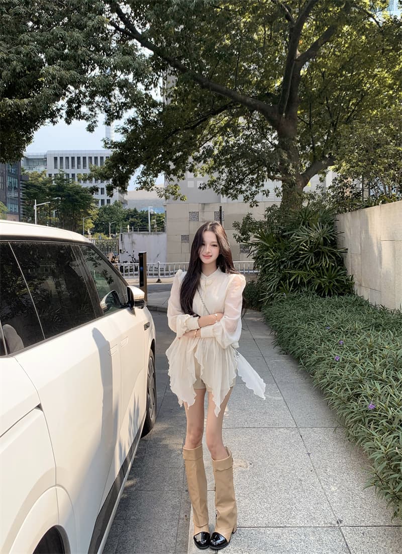 실사 정가 요정 가스 우아한 마이크로 시스루 어렴풋이 나타나면 불규칙 밑단 셔츠 상세 이미지 10