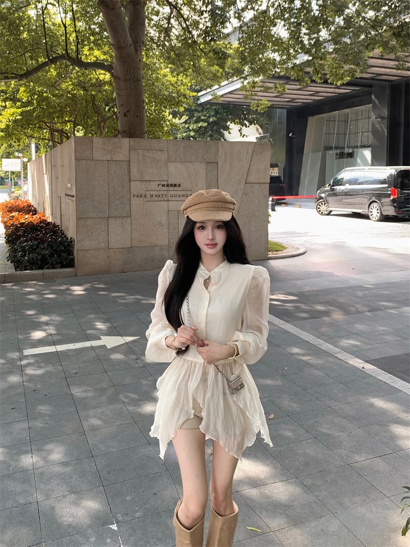 실사 정가 요정 가스 우아한 마이크로 시스루 어렴풋이 나타나면 불규칙 밑단 셔츠 상세 이미지 11