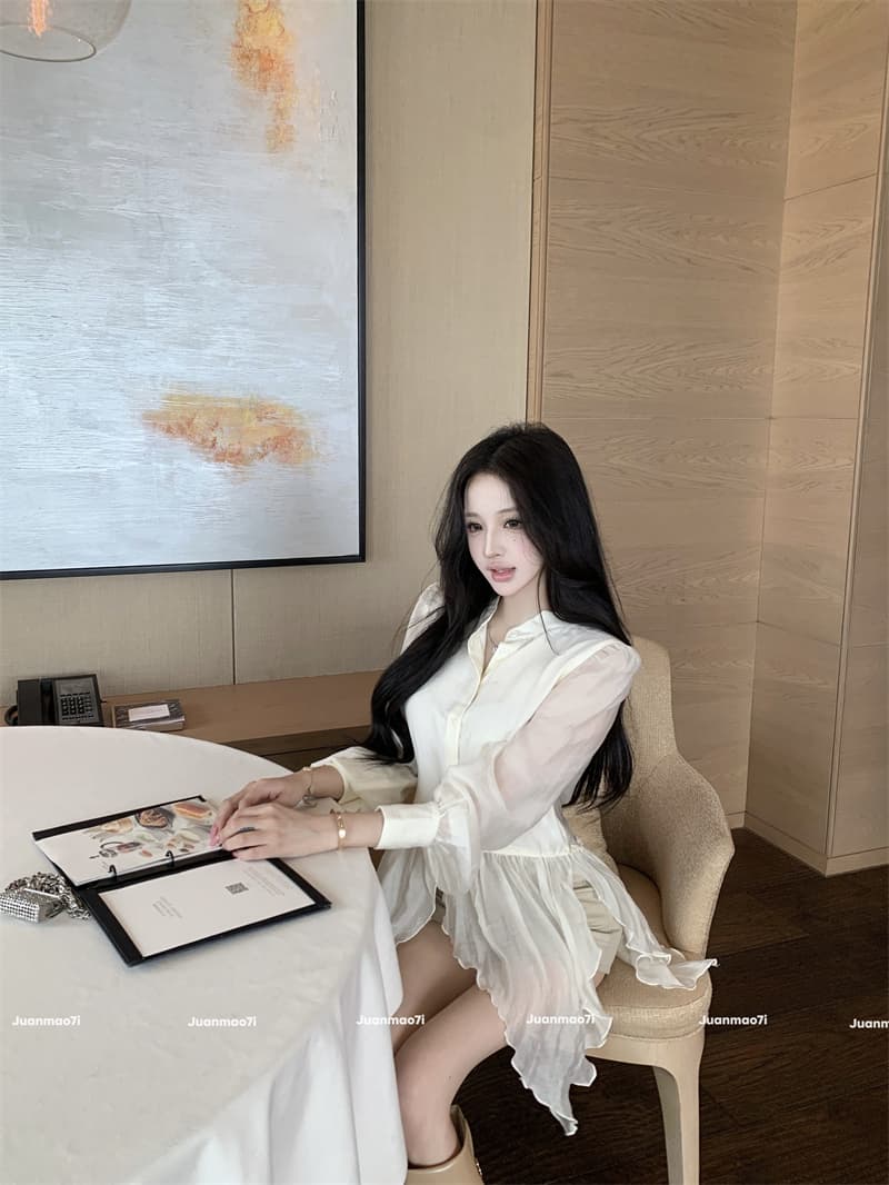 실사 정가 요정 가스 우아한 마이크로 시스루 어렴풋이 나타나면 불규칙 밑단 셔츠 상세 이미지 13